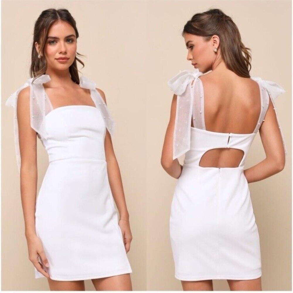Lulus Beaming Perfection White Pearl Organza Tie-Strap Mini Dress NWOT Size M
